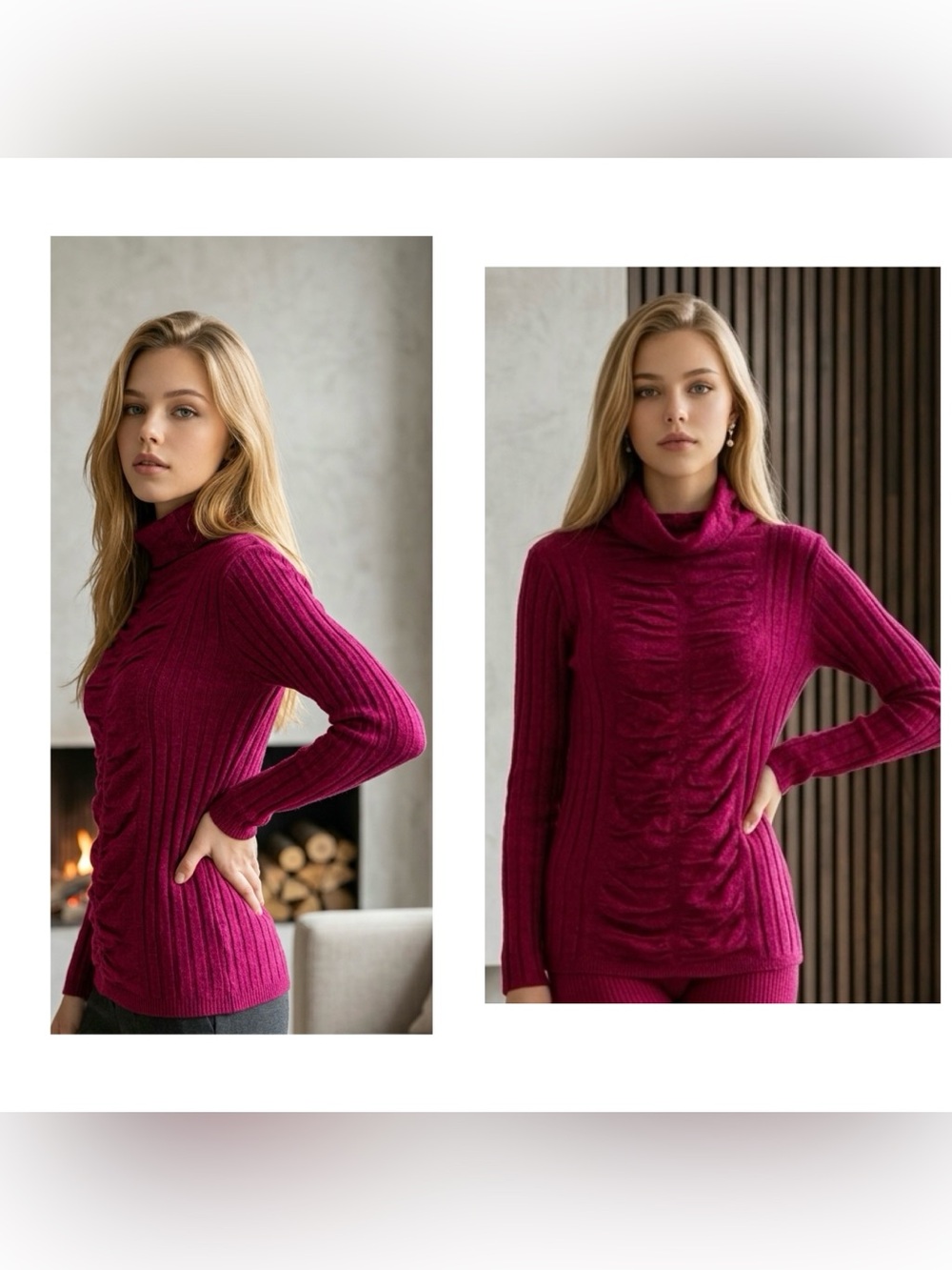 Reference Point Women's Sz S Cowl Fitted Ribbed Ruched knit Sweater - Magenta